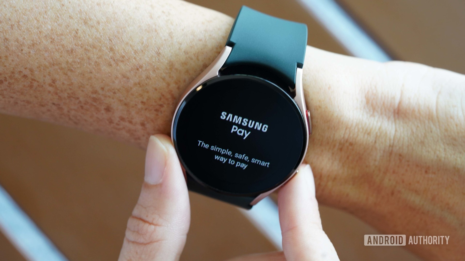 A galaxy watch 4 displays samsung pay, one of the digital payment options on the device.