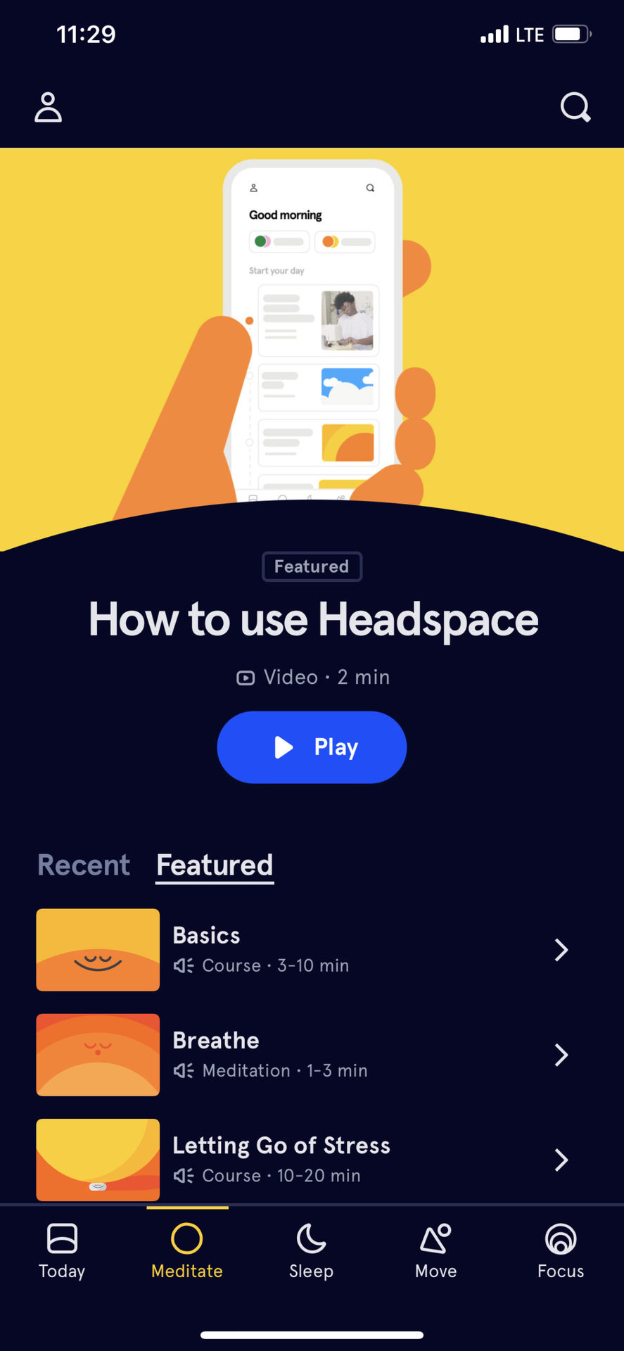 Headspace App Meditate Tab