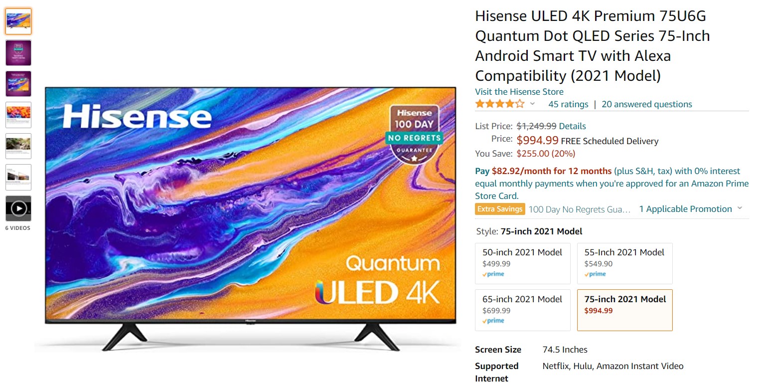 Hisense 75 Inch 75U6G ULED 4K Smart TV Amazon Deal