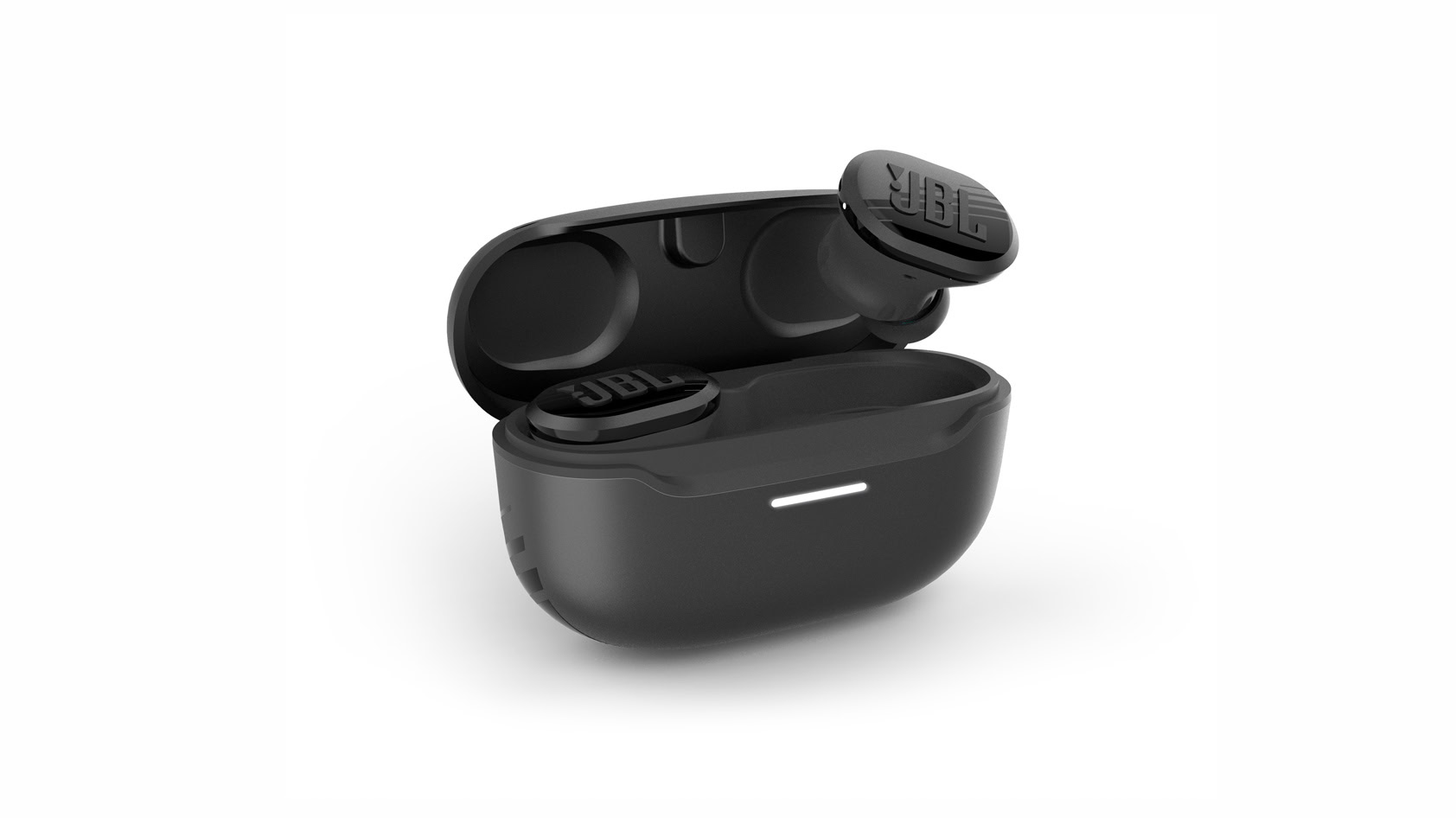 The jbl endurance race true wireless workout earbuds in black against a white background.