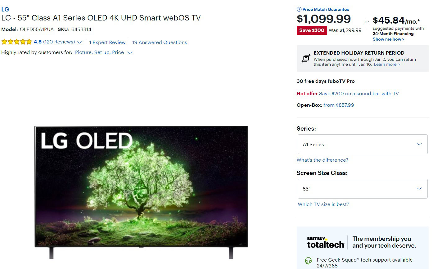 LG 55 pouces série A1 OLED 4K UHD Smart WebOS TV Meilleure offre