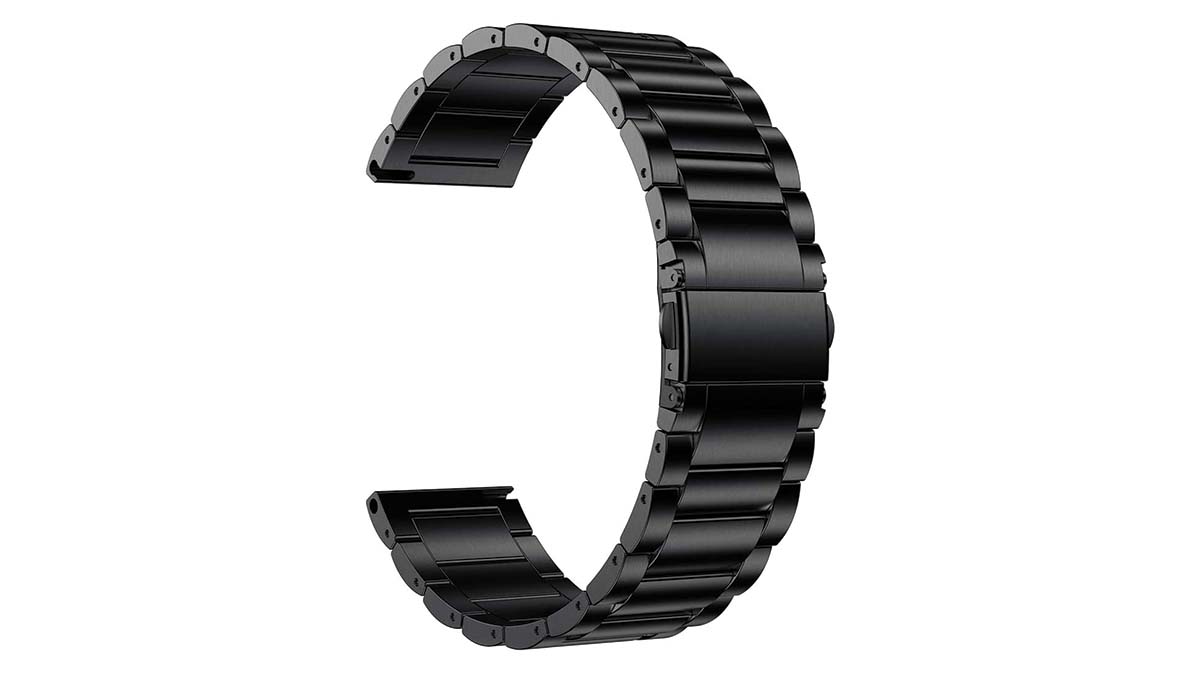 Product shot of a Ldfas stainless steel Garmin Venu 2 replacement band in black.