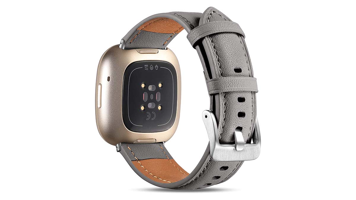 Photo du produit d'un bracelet de remplacement Fitbit en cuir Maledan en gris.