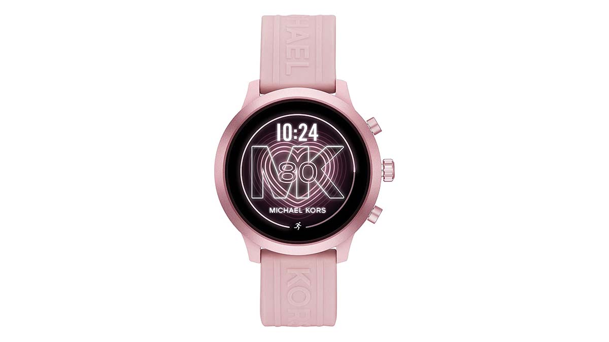 Product shot of a women's Michael Kors Gen 4 MKGO smartwatch in pink.