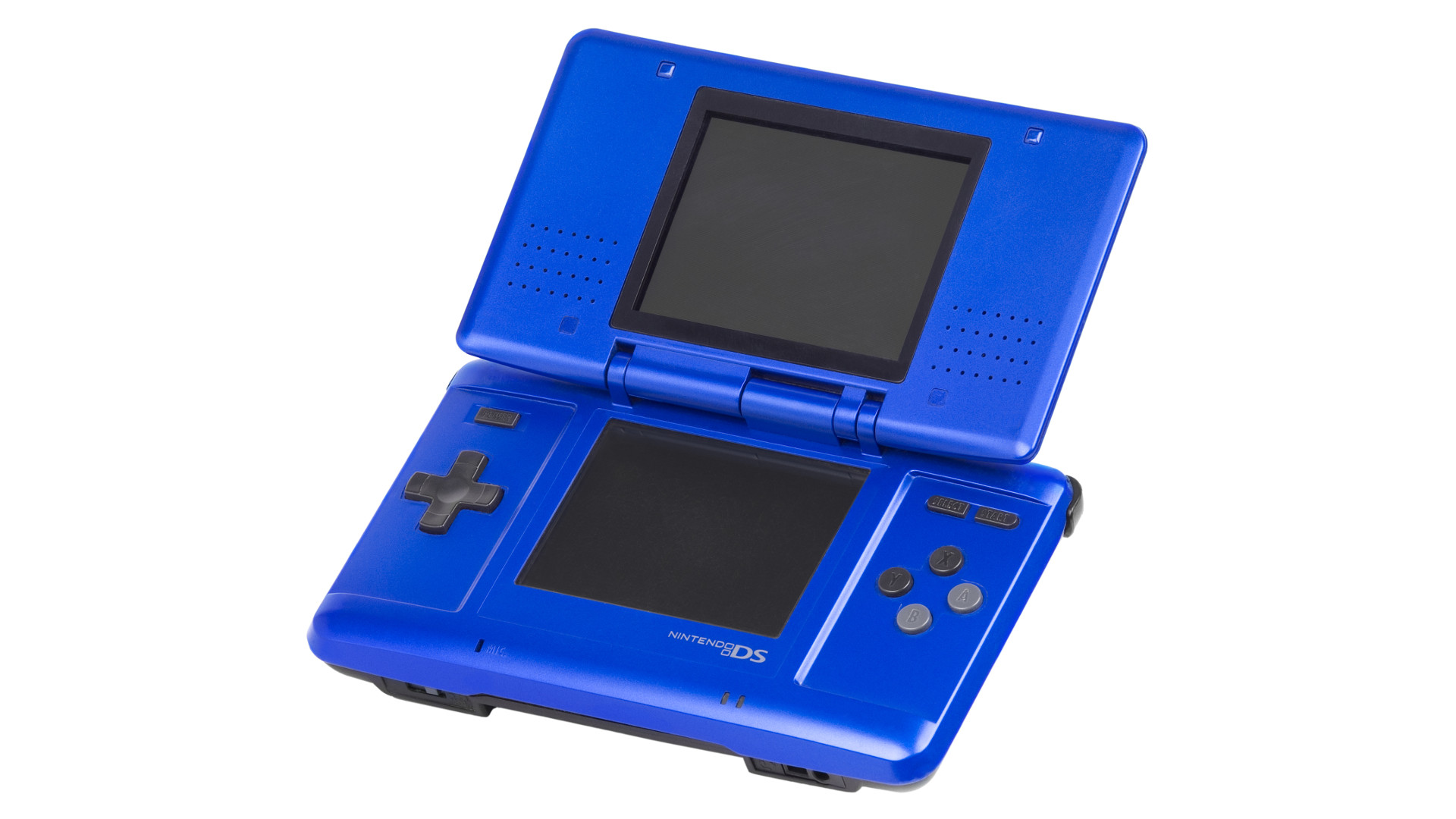 Nintendo DS in blue, open.