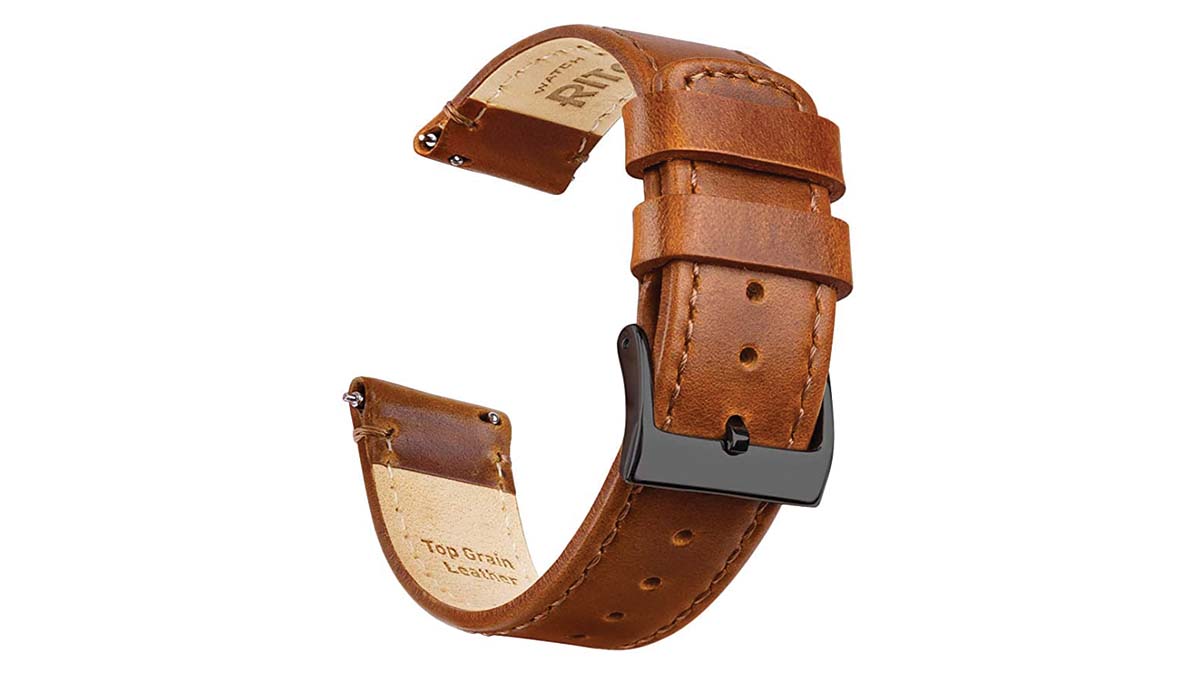 Product photo of a replacement Garmin Venu 2 Ritche leather strap in caramel and black.