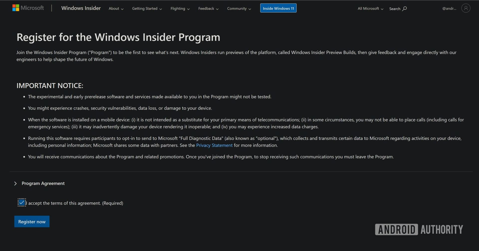 Windows Insider Program registration page