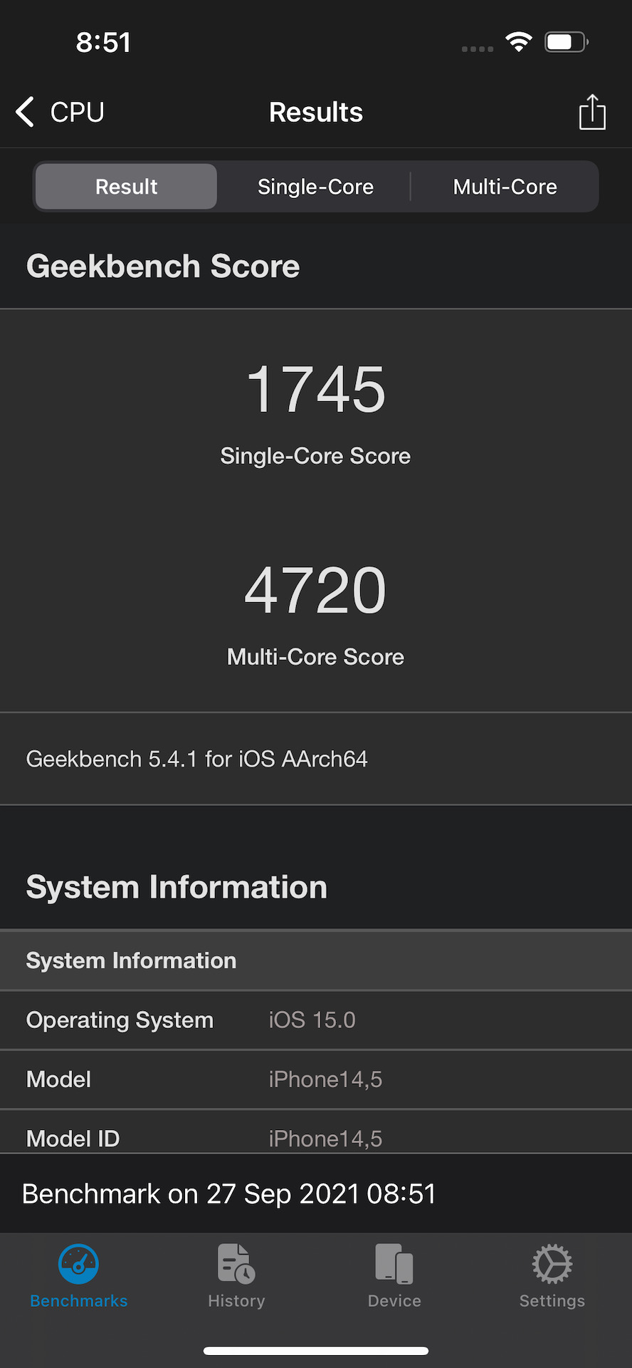Apple iPhone 13 iOS 15 Geekbench