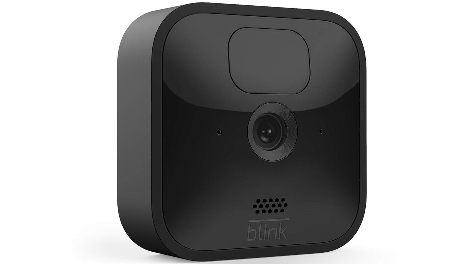 Câmera de segurança Blink Outdoor da Amazon em um fundo branco.