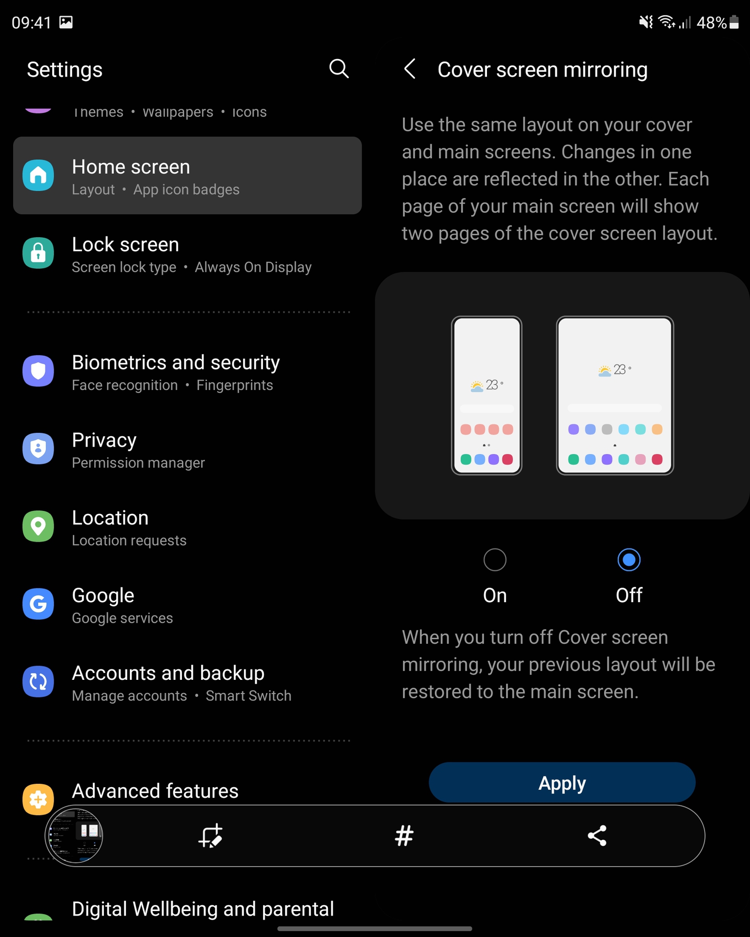 Galaxy Z Fold 3 cover screen mirroring menu