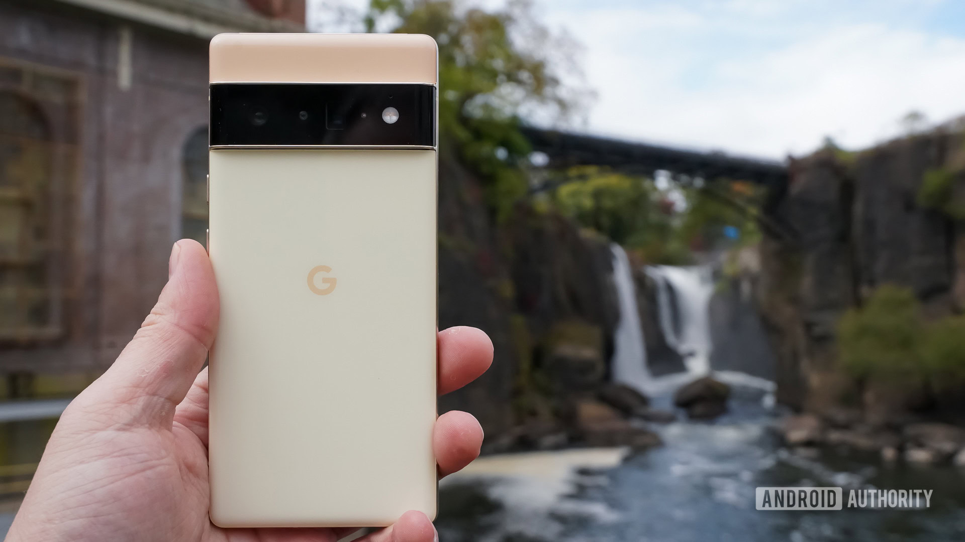 Google Pixel 6 Pro rear in front of falls