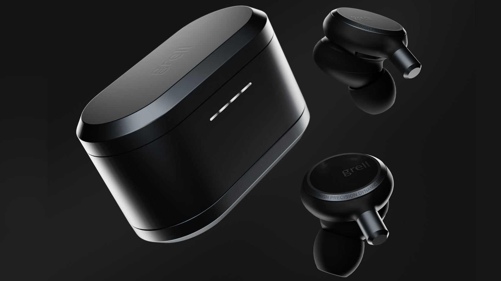 A product render of the grell tws-1 true wireless noise-cancelling earphones and case.