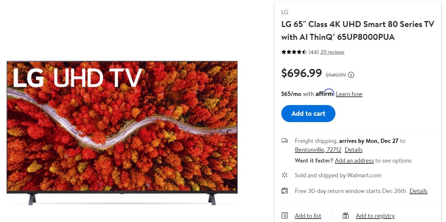 LG 65 inch Class 4K UHD Smart 80 Series TV Walmart Deal
