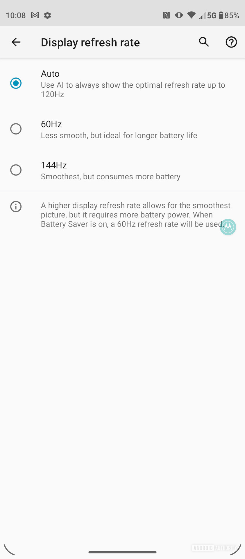 Motorola Edge 2021 display refresh rate controls