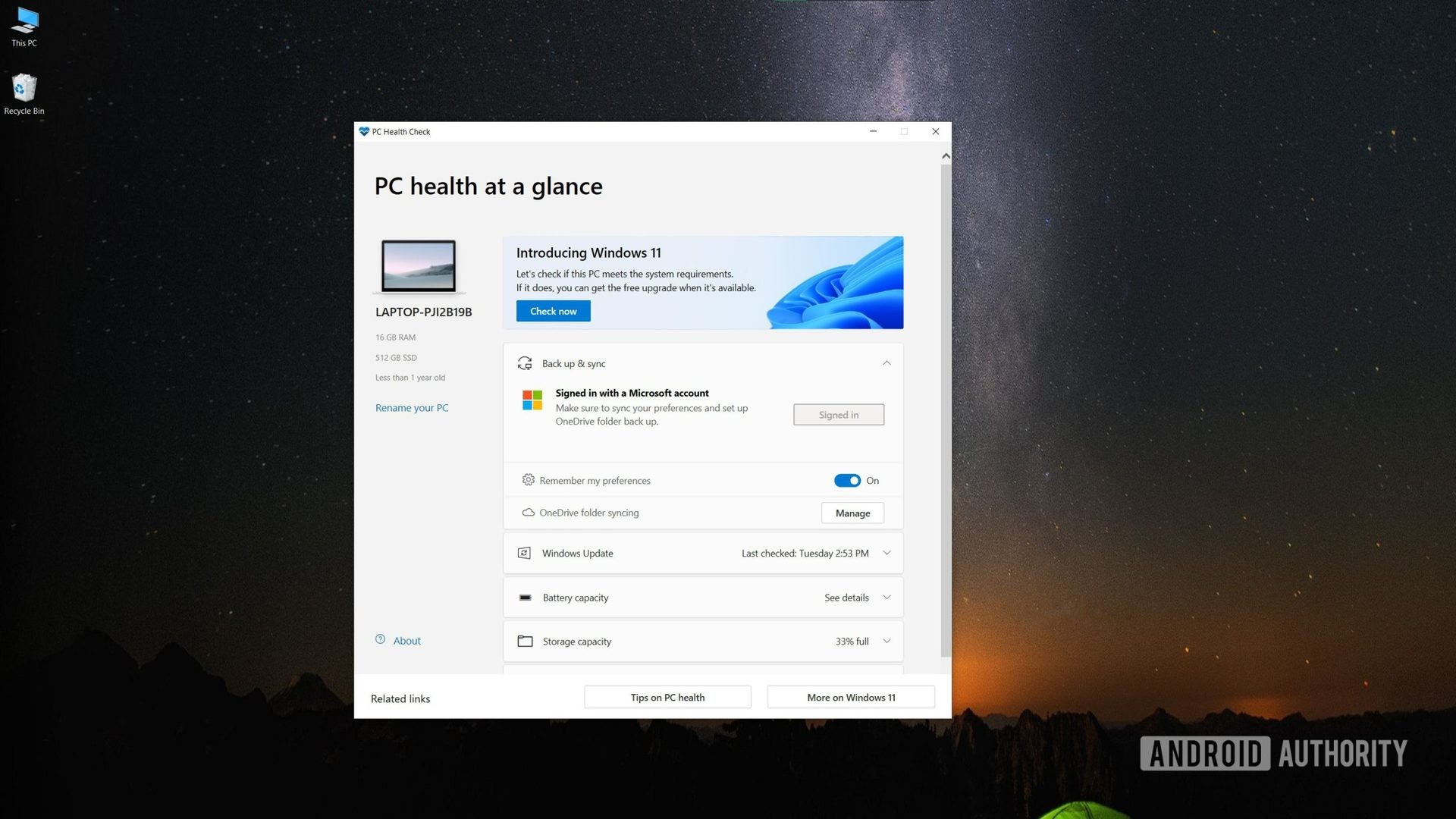 Windows 11 PC Health Checker app main screen