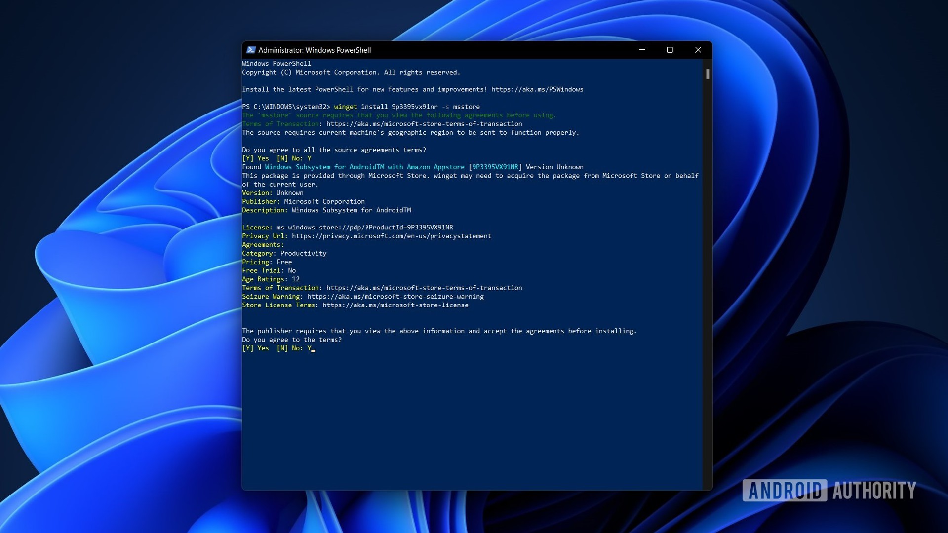Windows 11 powershell Windows Android Subsystem second agreement