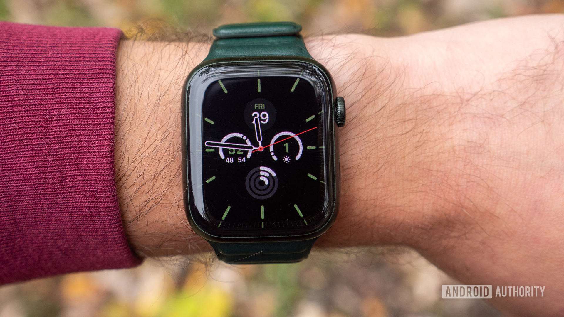 The Apple Watch Series 7 on a wrist showing the Meridian watch face