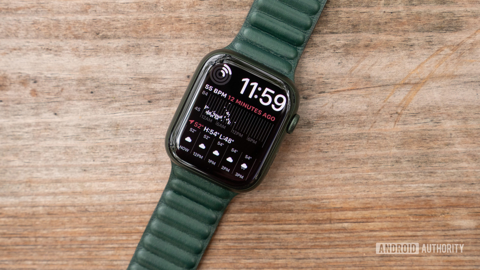 An image of the Apple Watch Series 7 showing the Modular Duo watch face on a table