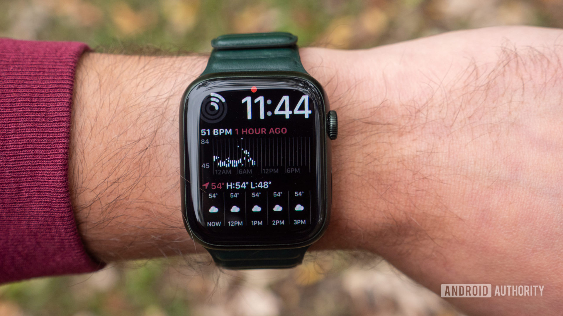 The Apple Watch Series 7 on a wrist showing the Modular Duo watch face