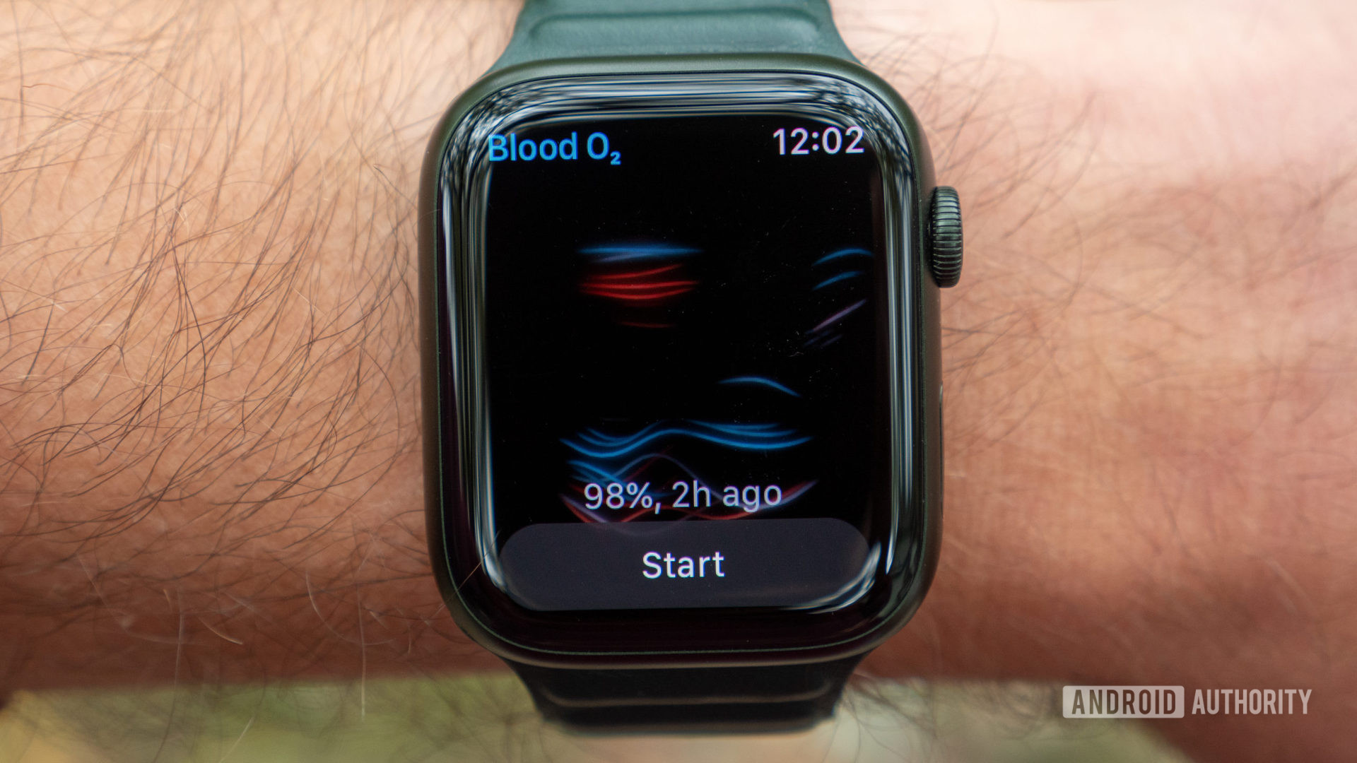 An image of the Apple Watch Series 7 showing the blood oxygen SpO2 sensor on a wrist.