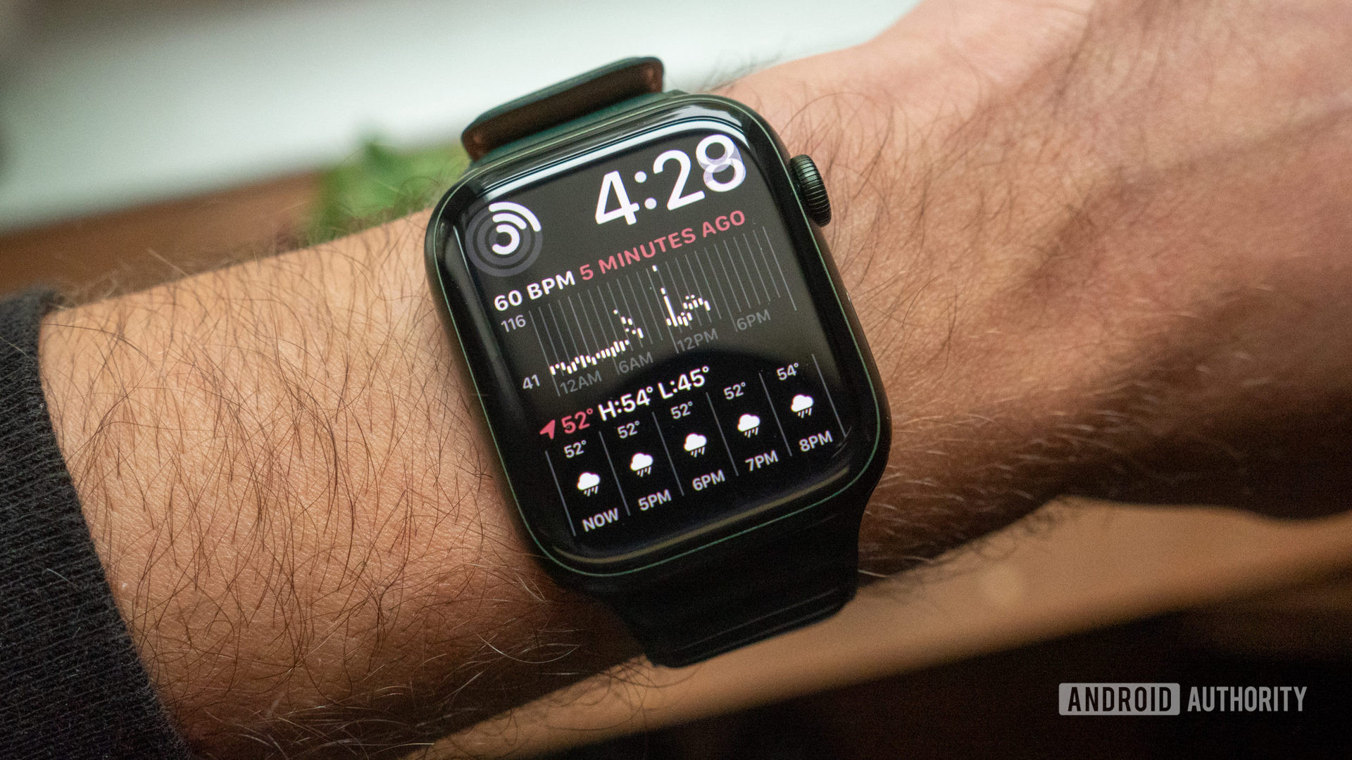An image of the Apple Watch Series 7 on a wrist showing the Modular Duo watch face
