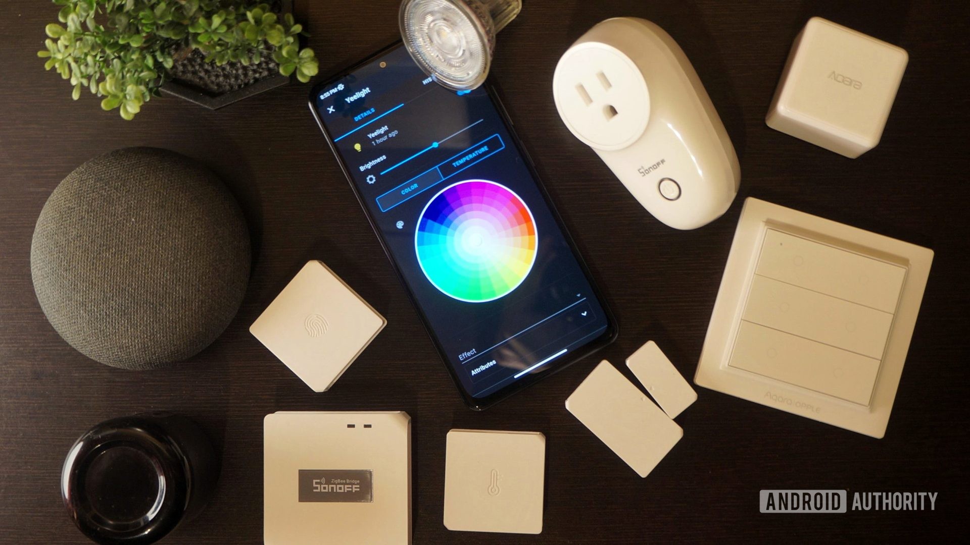 Assorted smart home products on a table