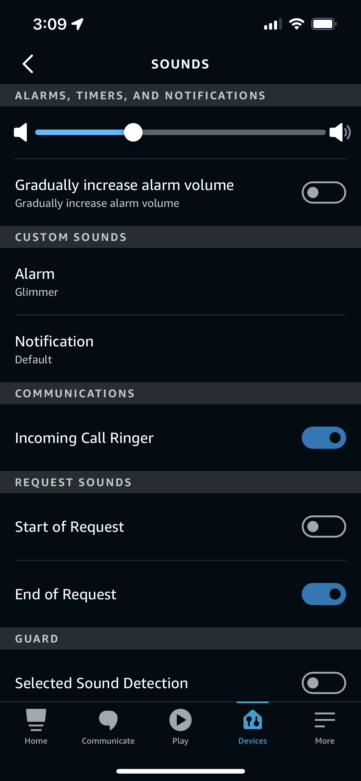 Device sound settings in the Alexa app
