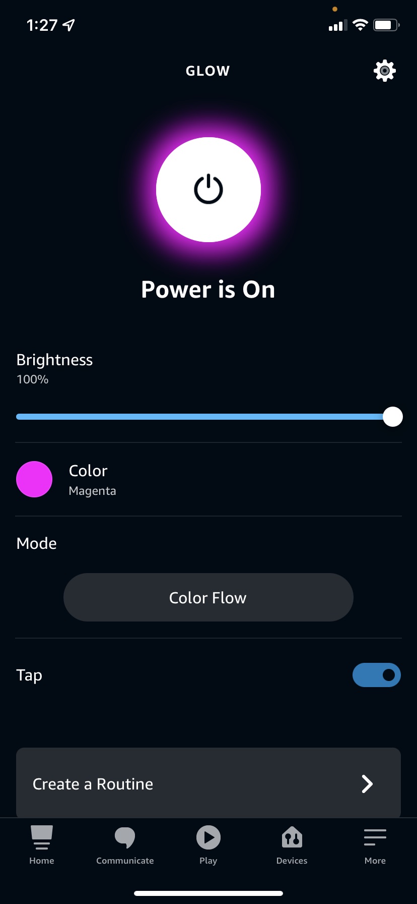 Controlling the Echo Glow via the Alexa app.