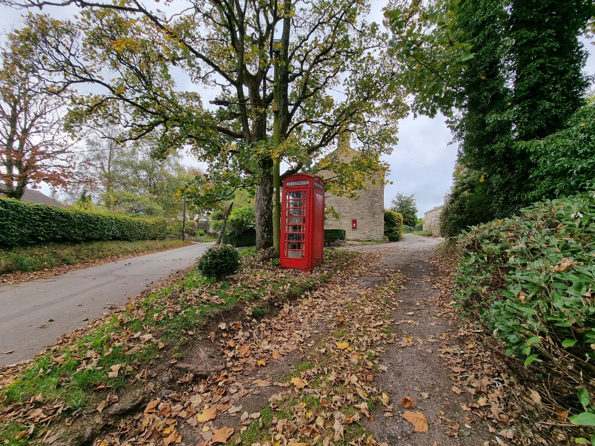 Camera sample wide red telephone box under a tree on the Samsung Galaxy S21 Ultra