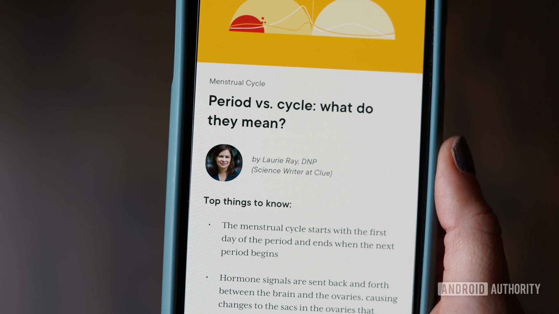 An iPhone 11 displays an article from the Clue app's content tab entitled Period vs. cycle: what do they mean?