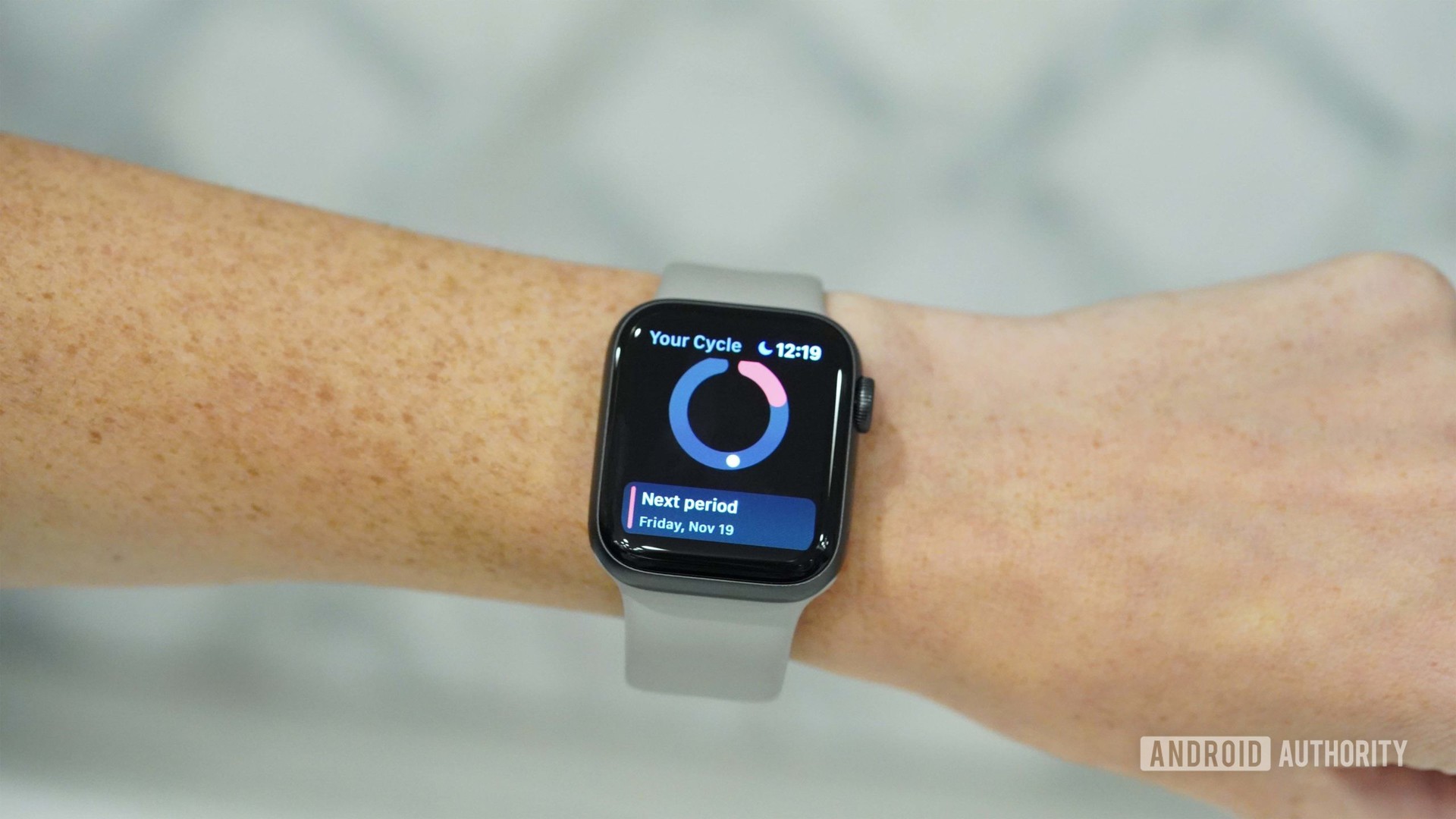 An Apple Watch Series 6 displays the Clue period tracker app.