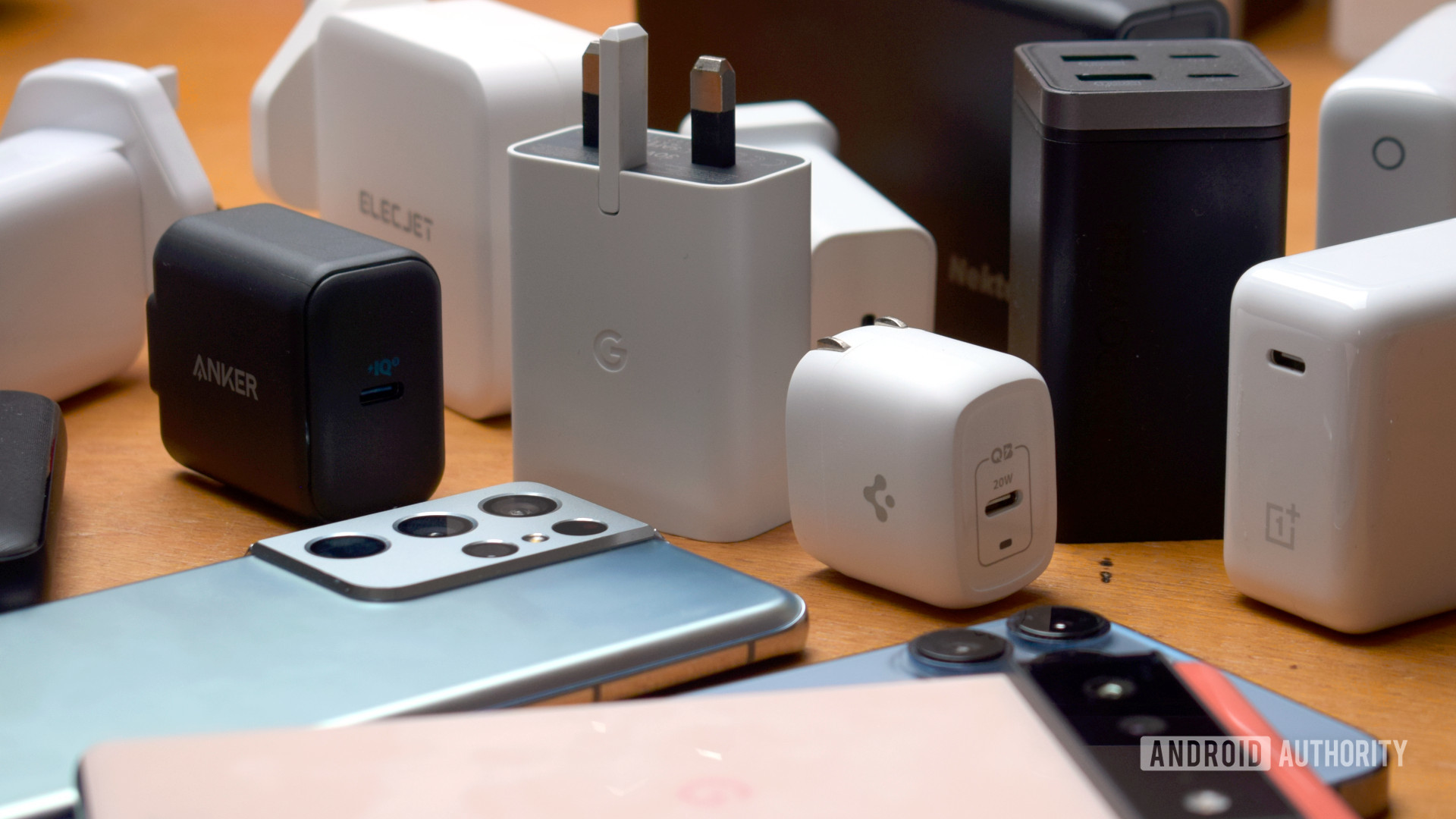 Galaxy iPhone and Pixel smartphones with selection of chargers 2