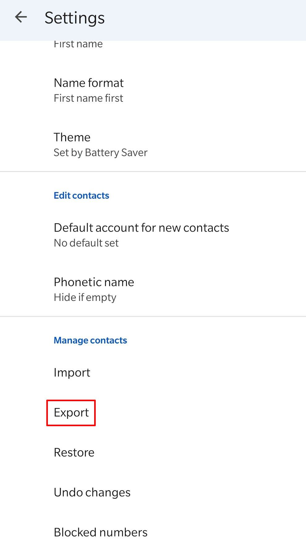 Gmail menu with Contacts option at the bottom.
