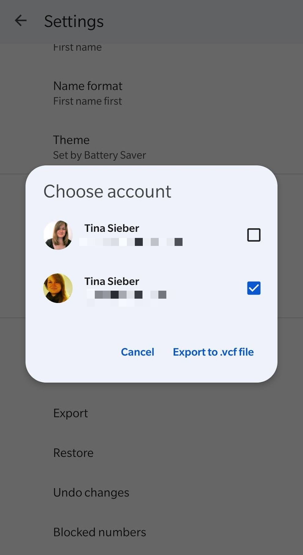 Choose an email account to export Google contacts from.
