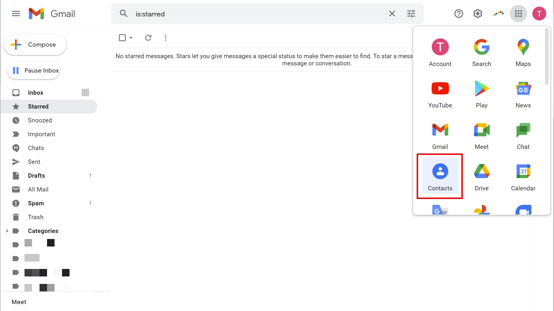 Gmail webmail interface with google apps menu expanded.