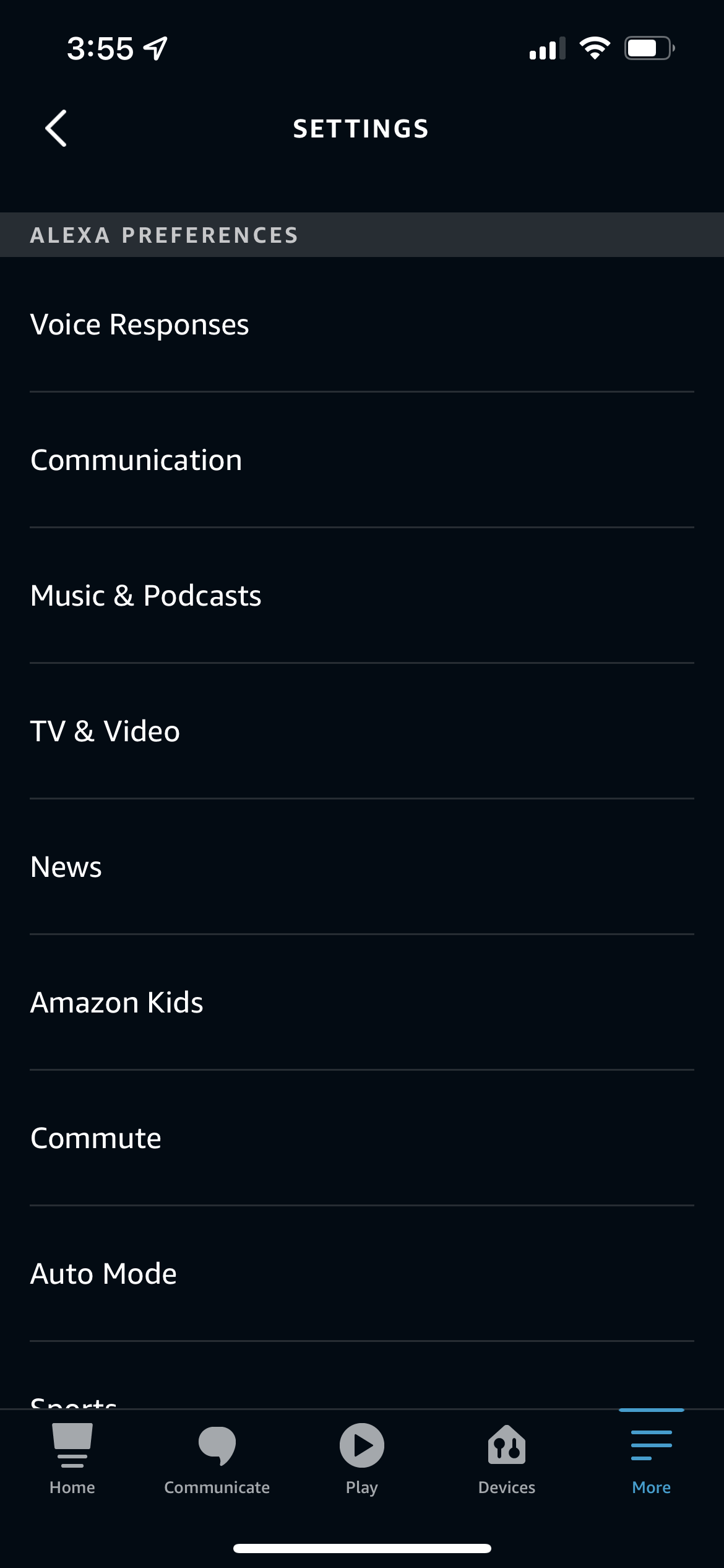 The Amazon Alexa Settings menu