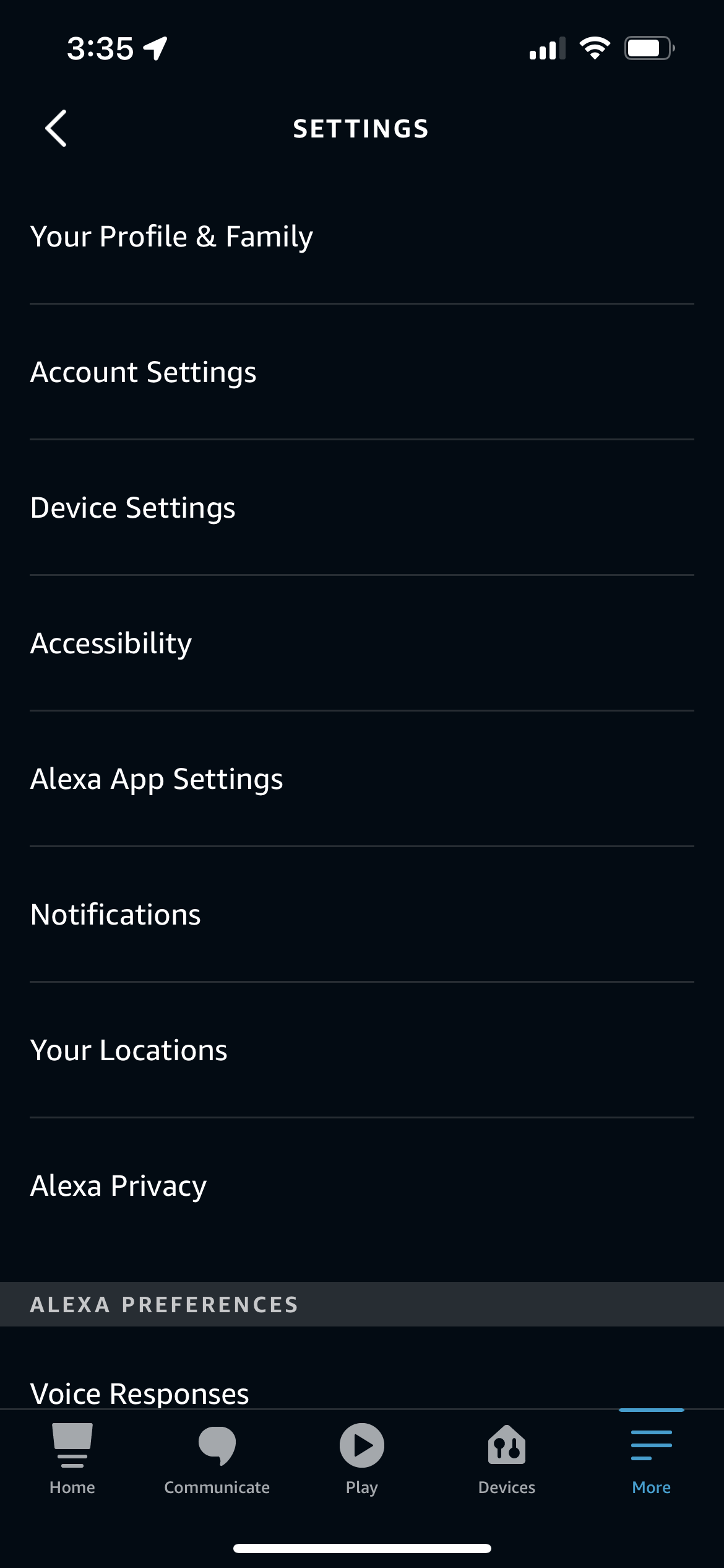 Your Profile at the top of the Alexa app Settings menu