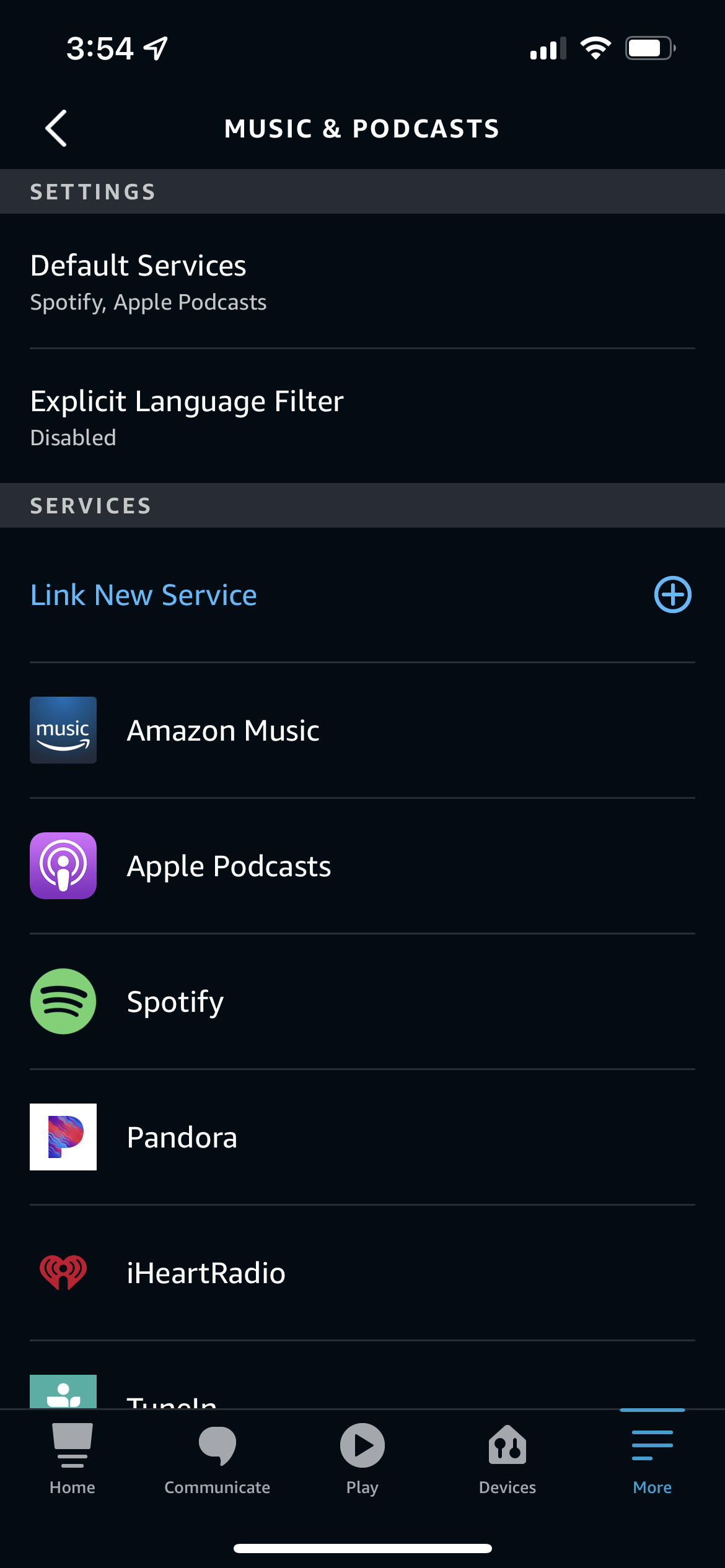 Setting music services in the Amazon Alexa app
