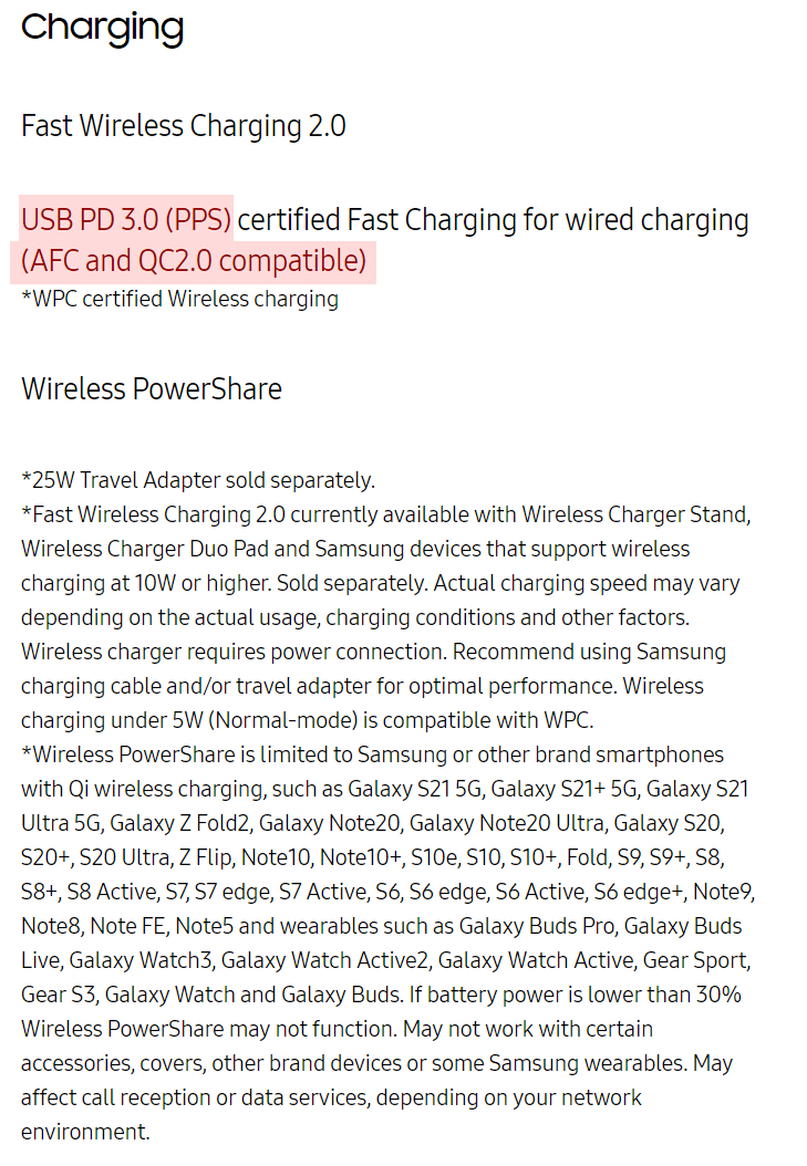 Samsung Galaxy S21 charging spec sheet