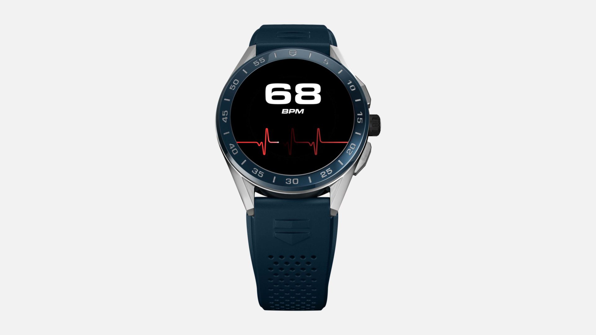 Product image of a Tag Heuer Connected 2020 smartwatch with a steel case and blue rubber strap.