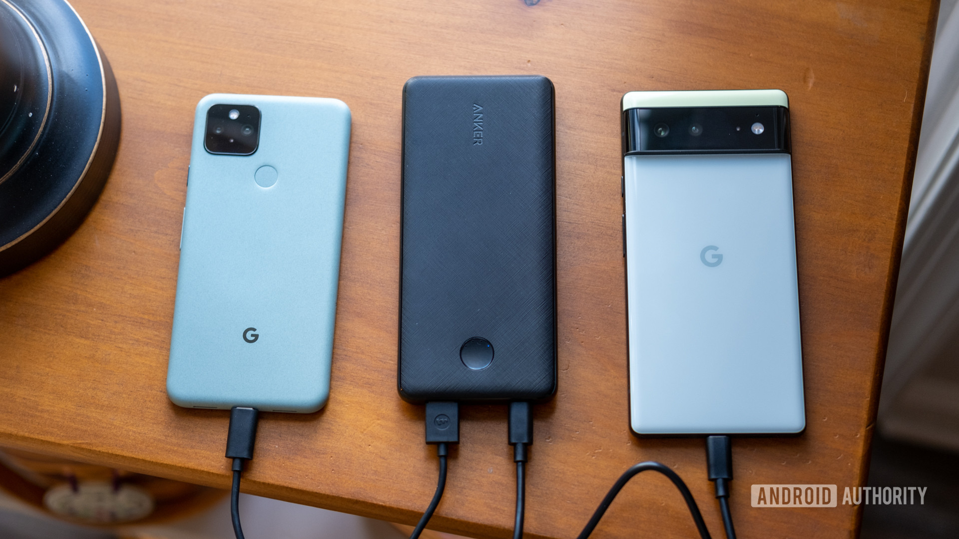 The Anker PowerCore Slim PD charging a Pixel 5 and a Pixel 6
