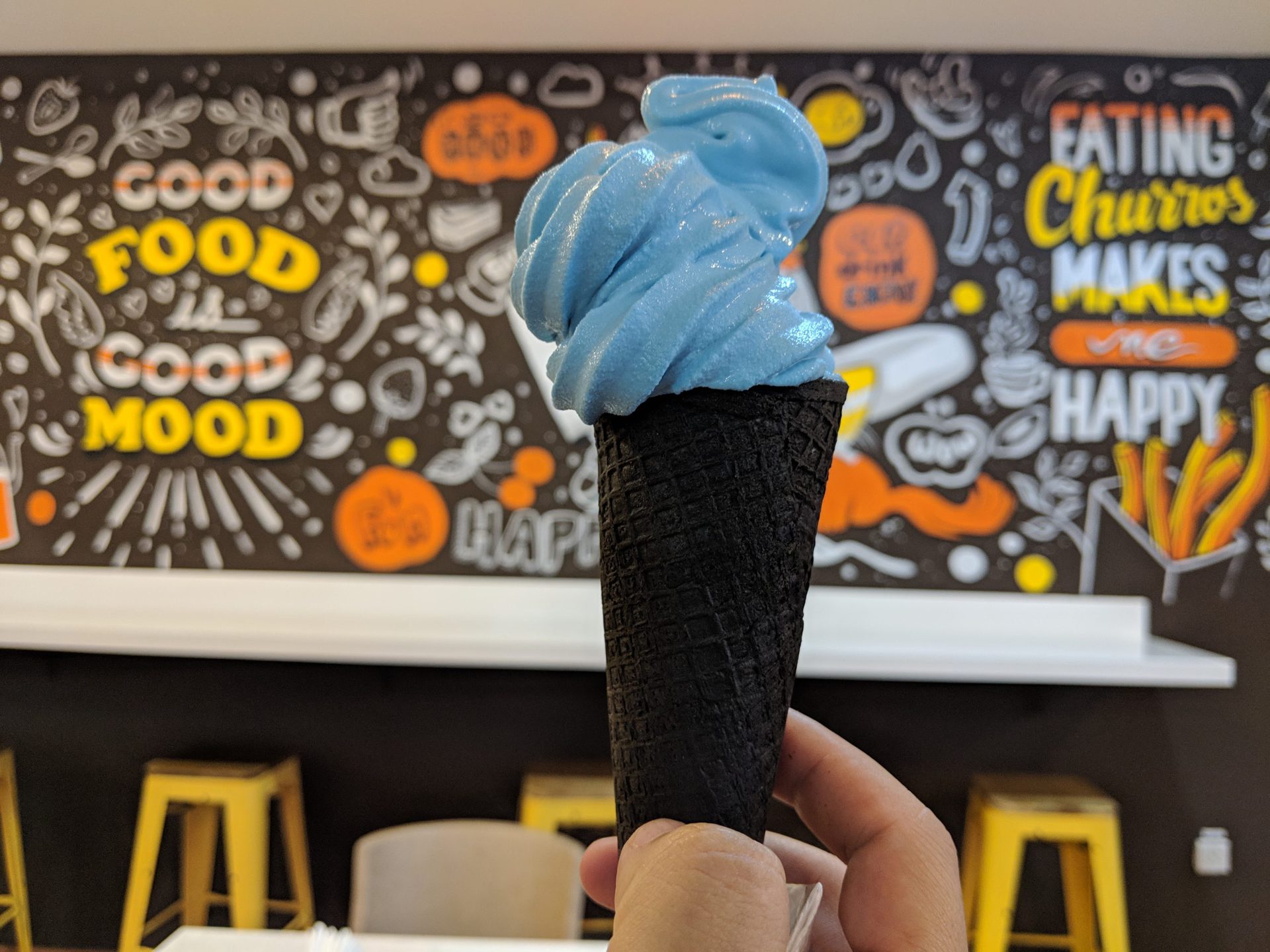 Blue icecream in black cone
