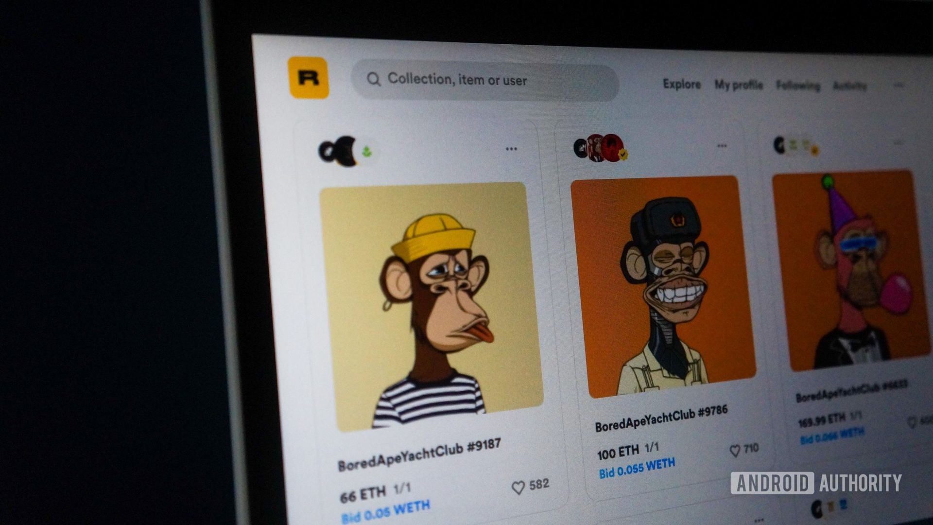 Bored ape NFTs on an auction website