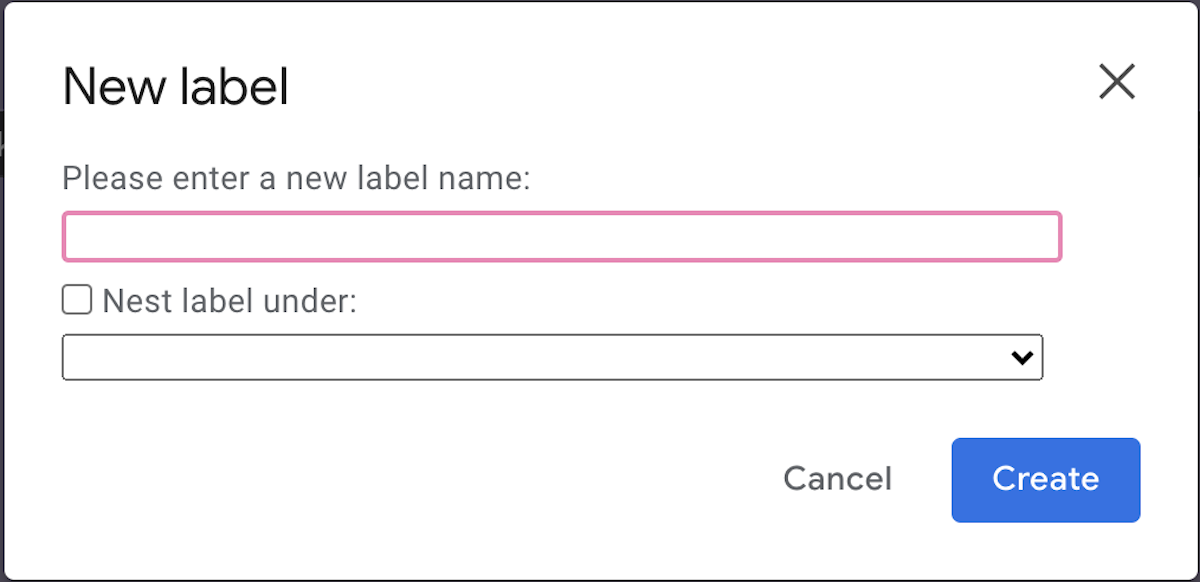 gmail create new label box