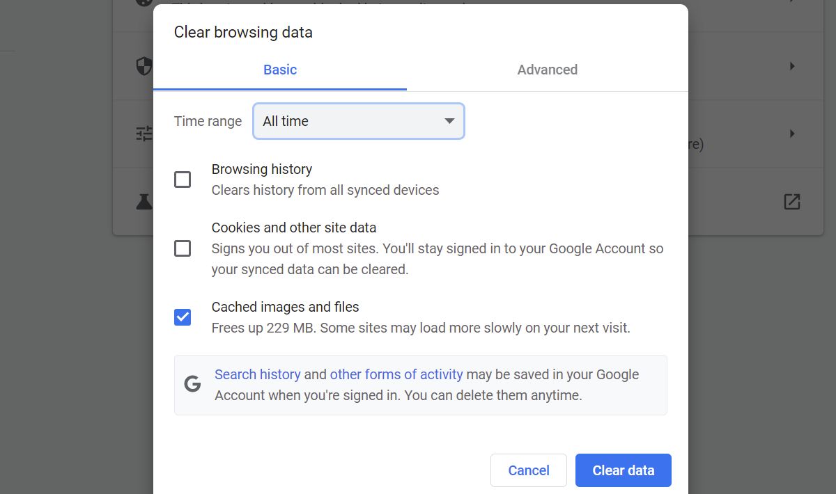 Clear browsing data screen in Google Chrome browser.