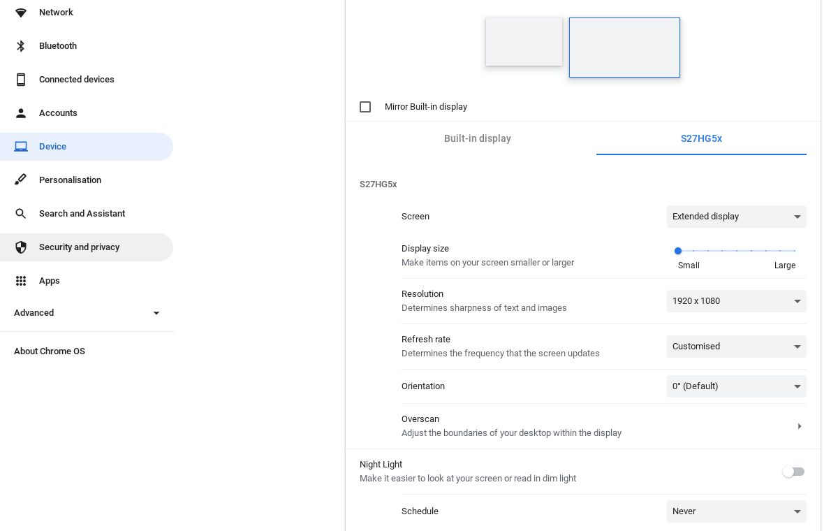 Chromebook display settings for an external monitor.