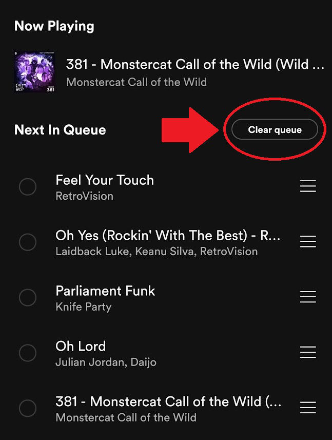 Clear queue Spotify mobile version