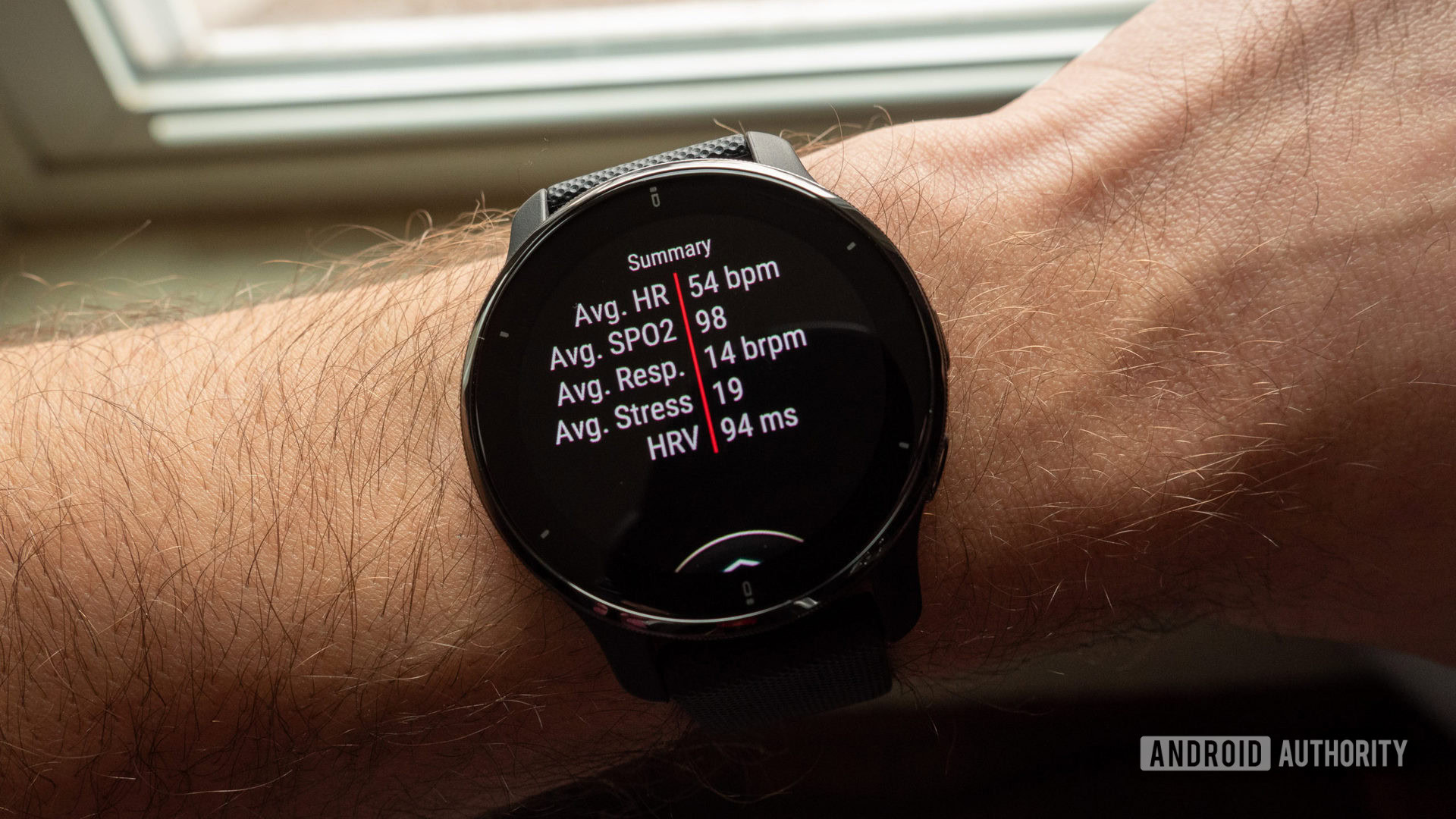 An image of the Garmin Venu 2 Plus on the wrist showing the Health Snapshot summary page
