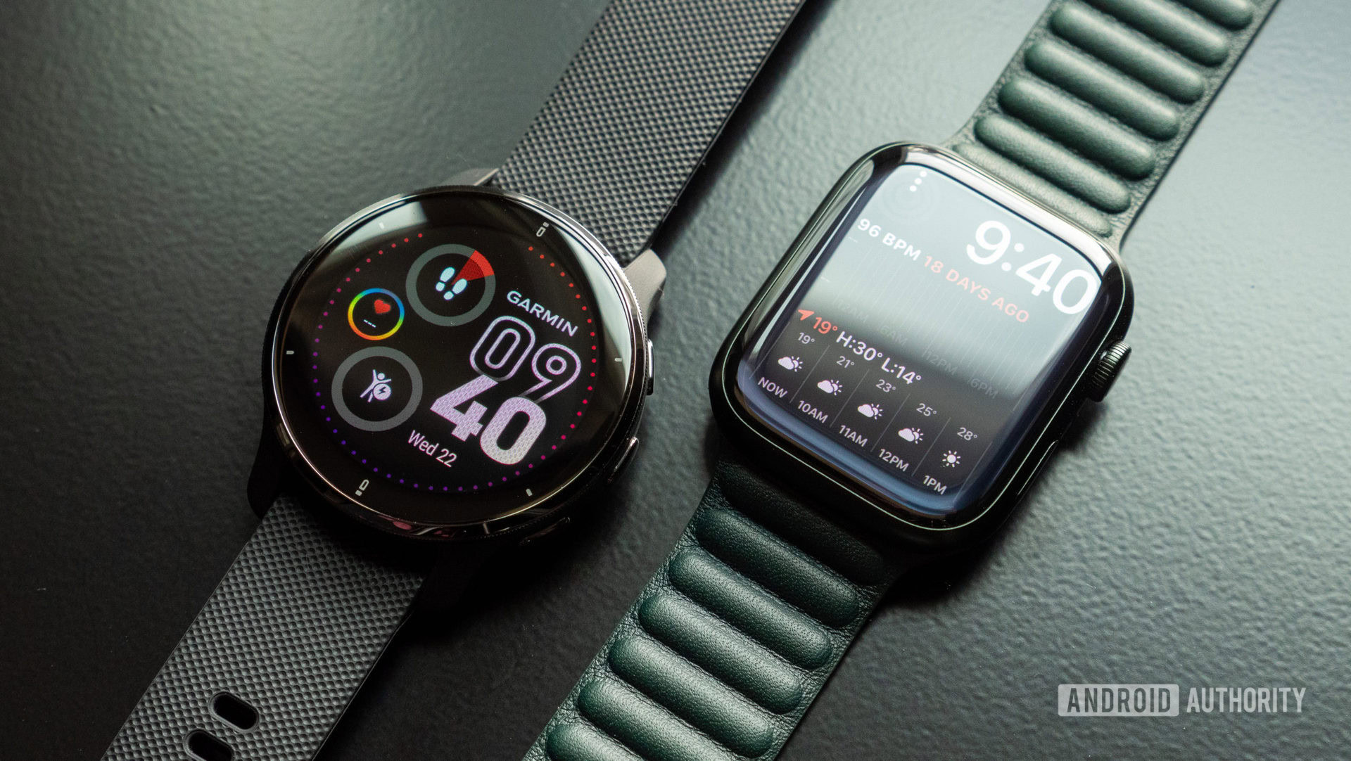 An image of the Garmin Venu 2 Plus on a table vs the Apple Watch Series 7