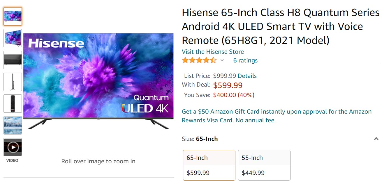 Hisense 65 Inch Class H8 Quantum Series Android 4K ULED Smart TV Amazon Deal